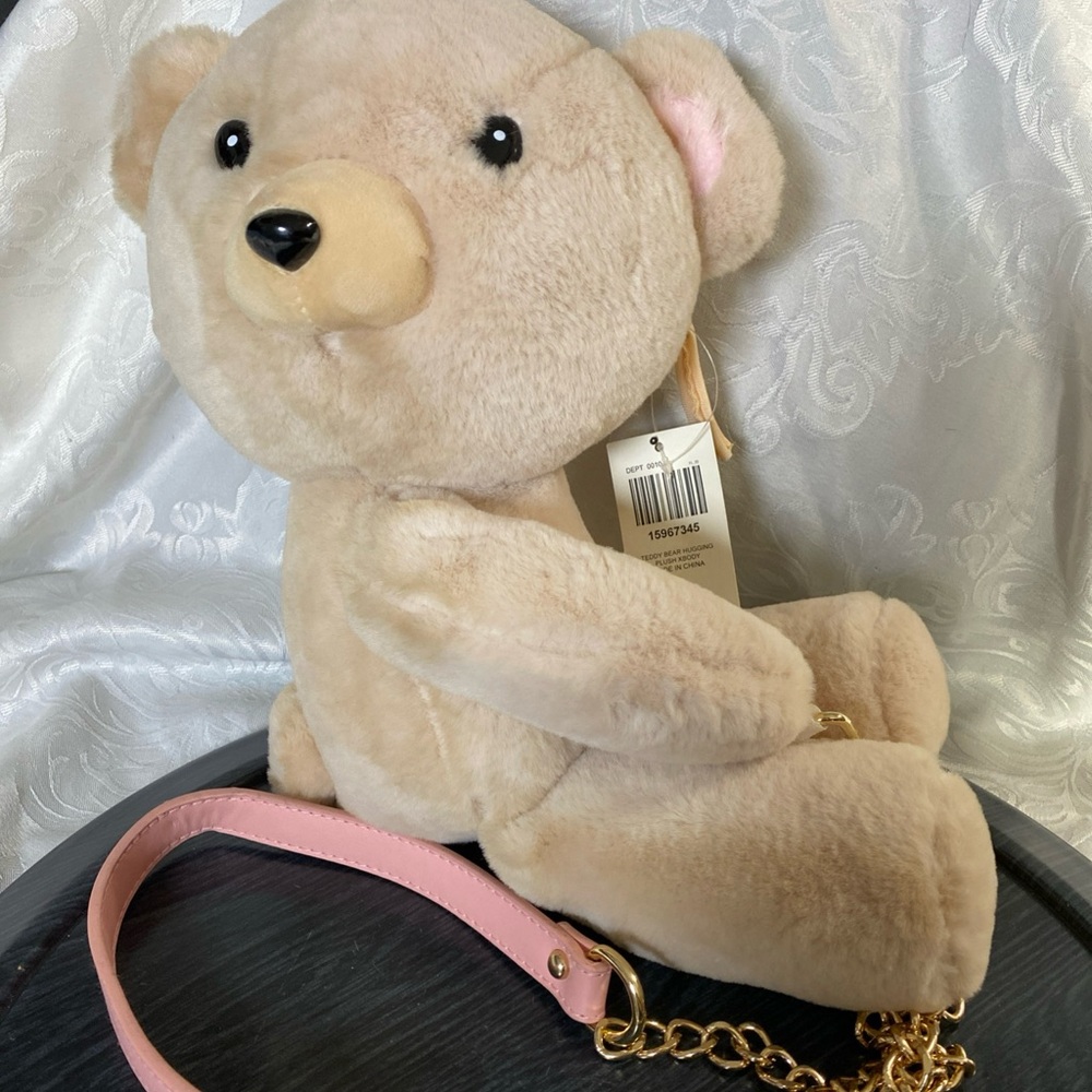 Hot Topic Tan Plush w pink and gold strap Teddy Bear sling Xbody bag